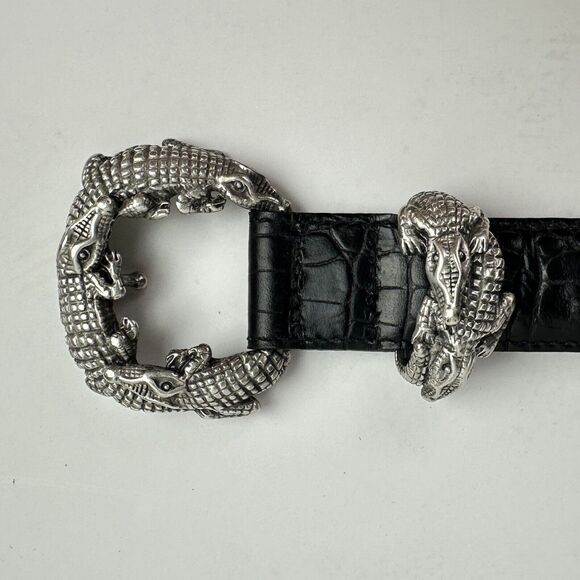 Vintage Sculptural Alligator Belt Silver Buckle Black Leather Strap Women\'s Sz S main image 7
